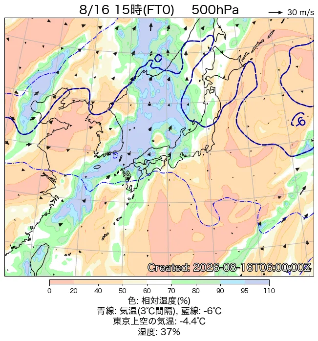 2026年8月16日の日本周辺の500hPa天気図（15時）