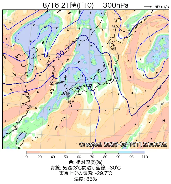 2026年8月16日の日本周辺の300hPa天気図（21時）