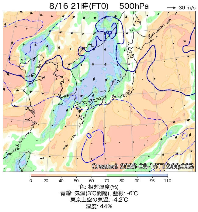 2026年8月16日の日本周辺の500hPa天気図（21時）