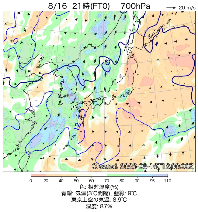 2026年8月16日の日本周辺の700hPa天気図（21時）