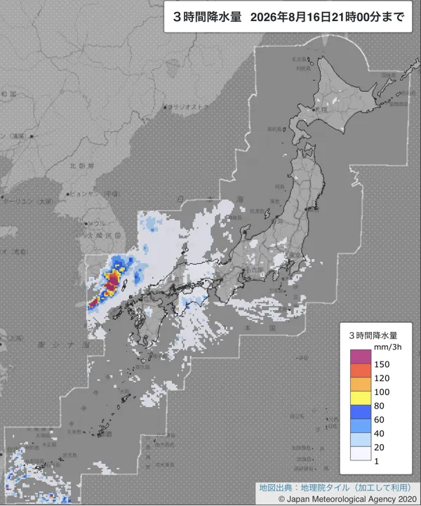 2026年8月16日18〜21時の日本周辺の3時間解析降水量
