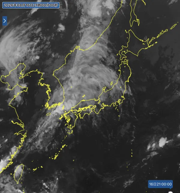 2026年8月16日21時の日本周辺の衛星赤外画像