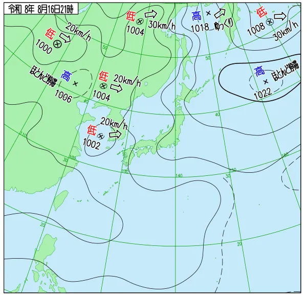 2026年8月16日21時の速報天気図