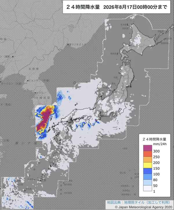 2026年8月16日の日本周辺の日解析雨量の図