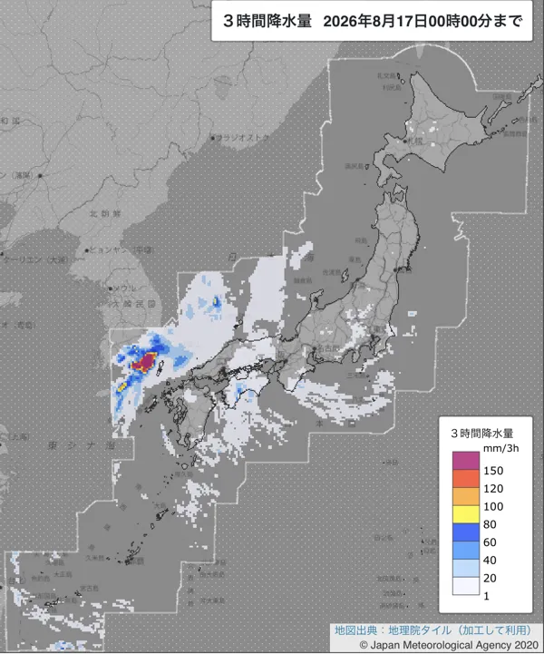 2026年8月16日21〜24時の日本周辺の3時間解析降水量