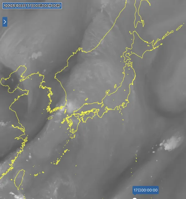2026年8月16日24時の日本周辺の衛星水蒸気画像