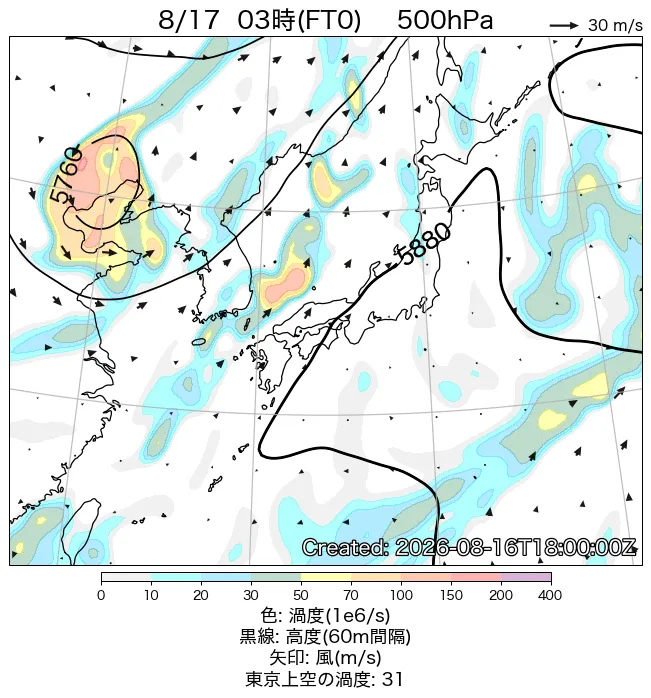 2026年8月17日の日本周辺の500hPa天気図（3時）