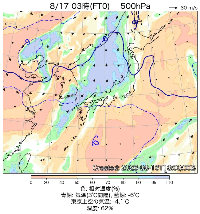 2026年8月17日の日本周辺の500hPa天気図（3時）
