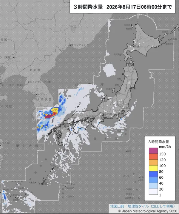 2026年8月17日3〜6時の日本周辺の3時間解析降水量
