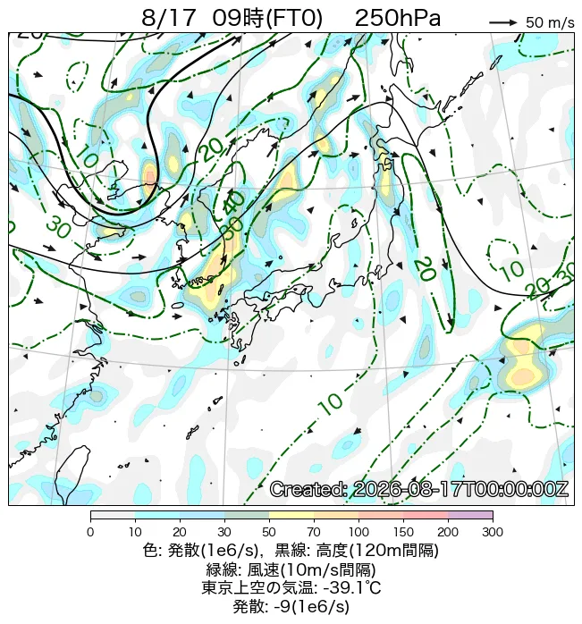 2026年8月17日の日本周辺の250hPa天気図（9時）