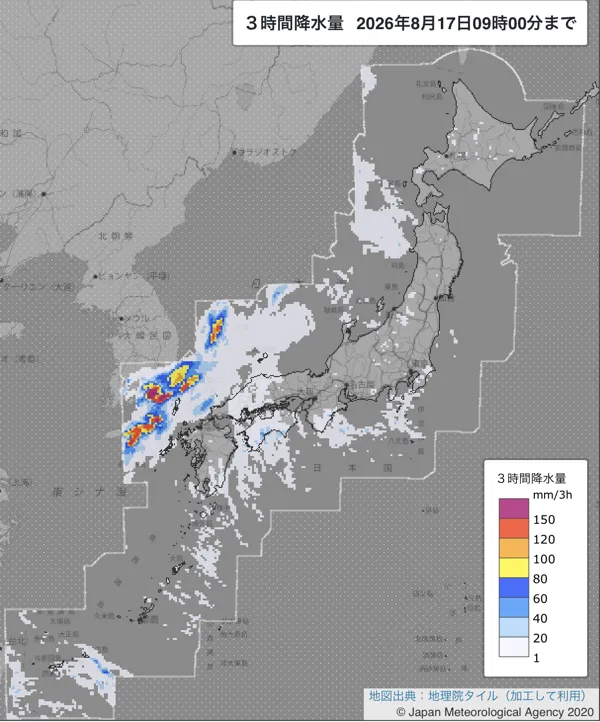 2026年8月17日6〜9時の日本周辺の3時間解析降水量