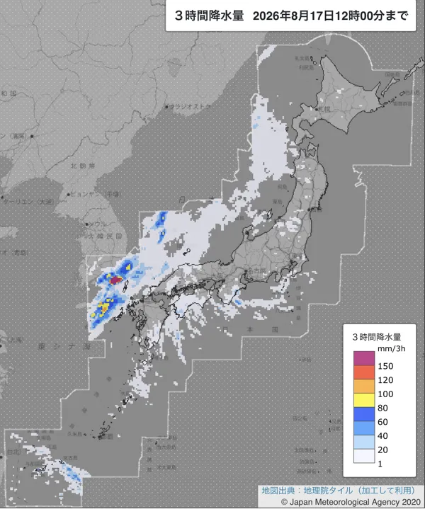 2026年8月17日9〜12時の日本周辺の3時間解析降水量