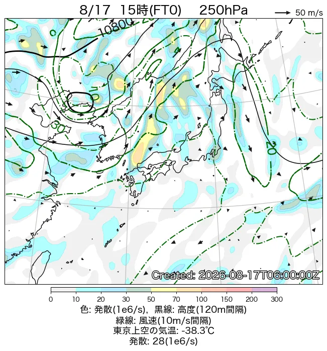 2026年8月17日の日本周辺の250hPa天気図（15時）