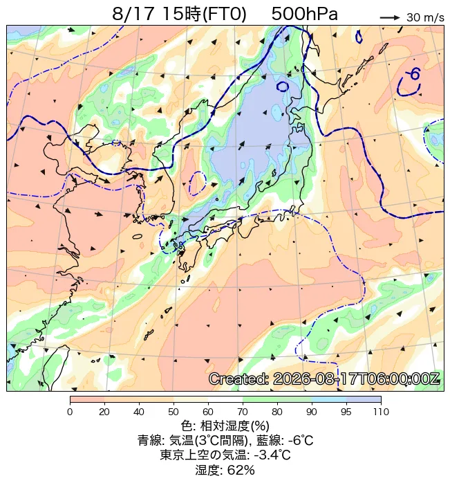 2026年8月17日の日本周辺の500hPa天気図（15時）