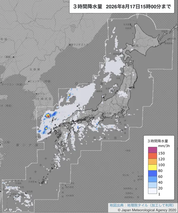 2026年8月17日12〜15時の日本周辺の3時間解析降水量
