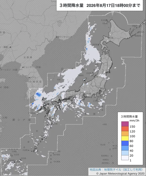 2026年8月17日15〜18時の日本周辺の3時間解析降水量