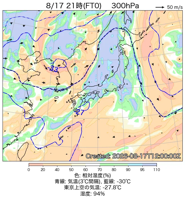 2026年8月17日の日本周辺の300hPa天気図（21時）