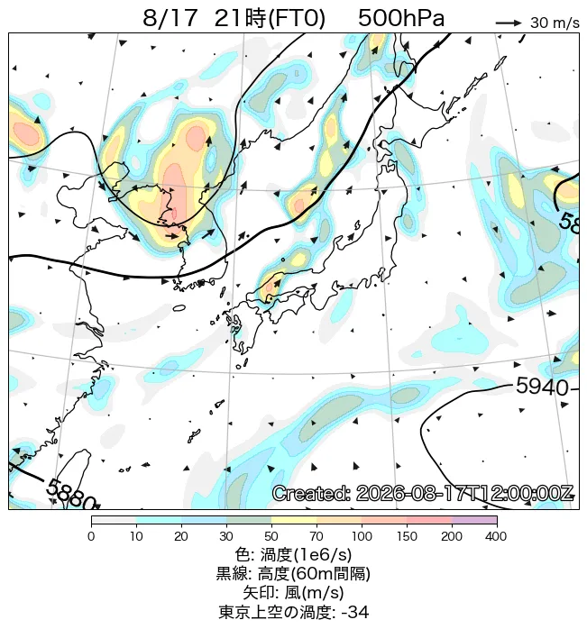 2026年8月17日の日本周辺の500hPa天気図（21時）