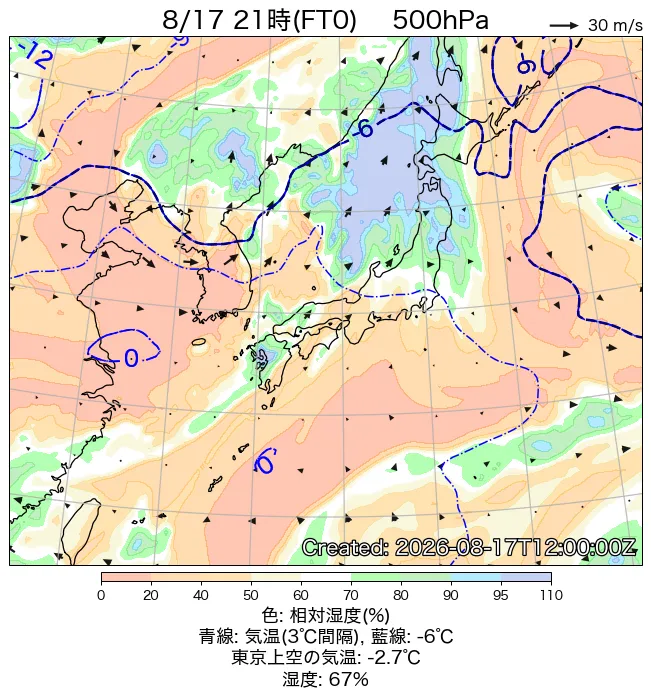 2026年8月17日の日本周辺の500hPa天気図（21時）