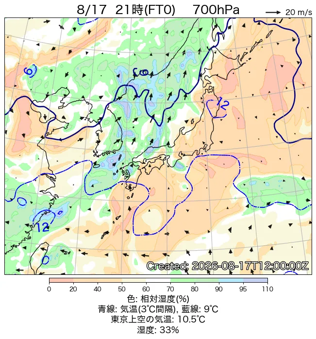 2026年8月17日の日本周辺の700hPa天気図（21時）