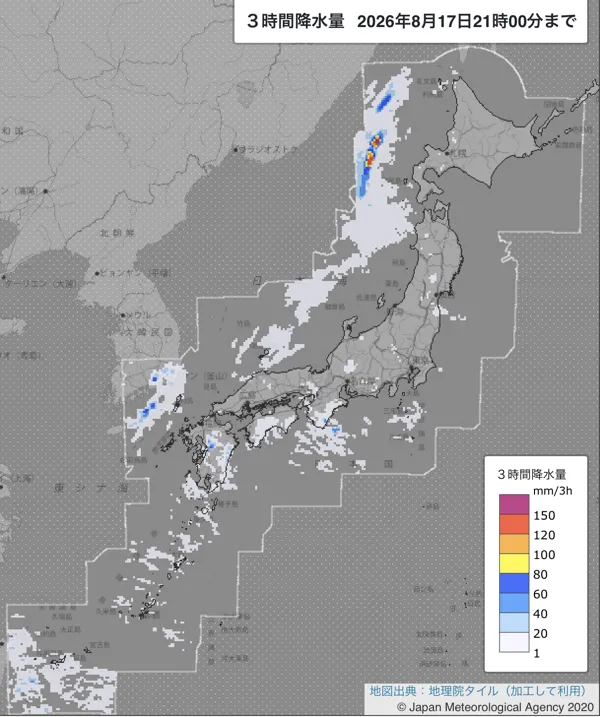2026年8月17日18〜21時の日本周辺の3時間解析降水量