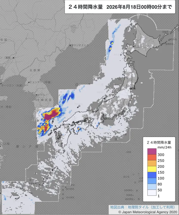 2026年8月17日の日本周辺の日解析雨量の図