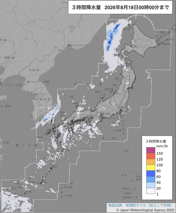 2026年8月17日21〜24時の日本周辺の3時間解析降水量