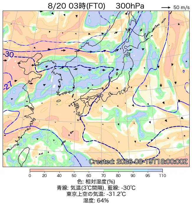 2026年8月20日の日本周辺の300hPa天気図（3時）