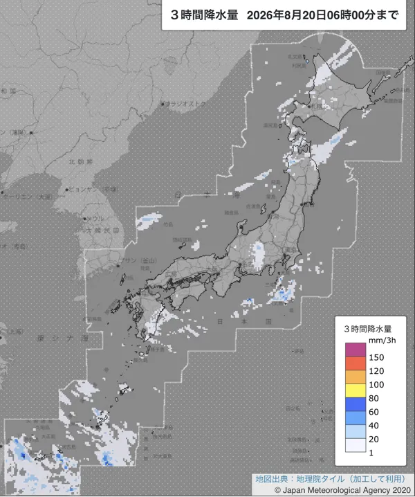 2026年8月20日3〜6時の日本周辺の3時間解析降水量