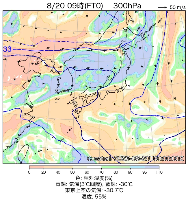 2026年8月20日の日本周辺の300hPa天気図（9時）