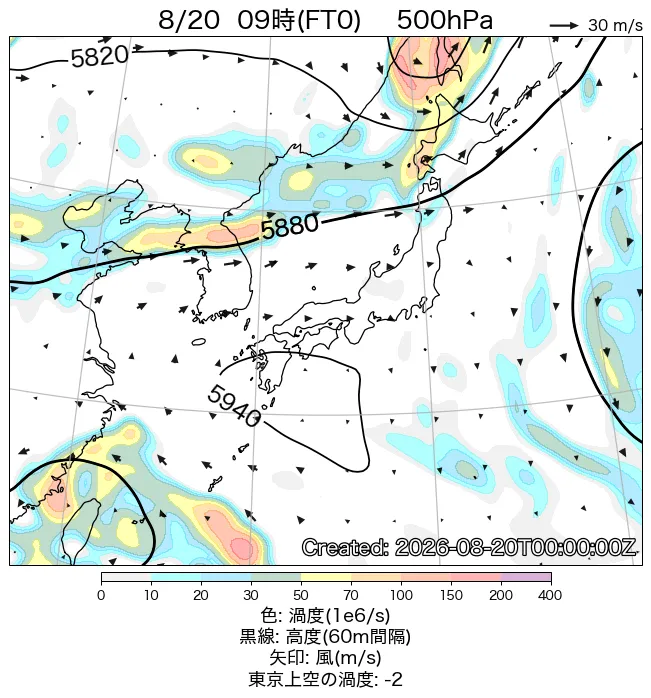 2026年8月20日の日本周辺の500hPa天気図（9時）