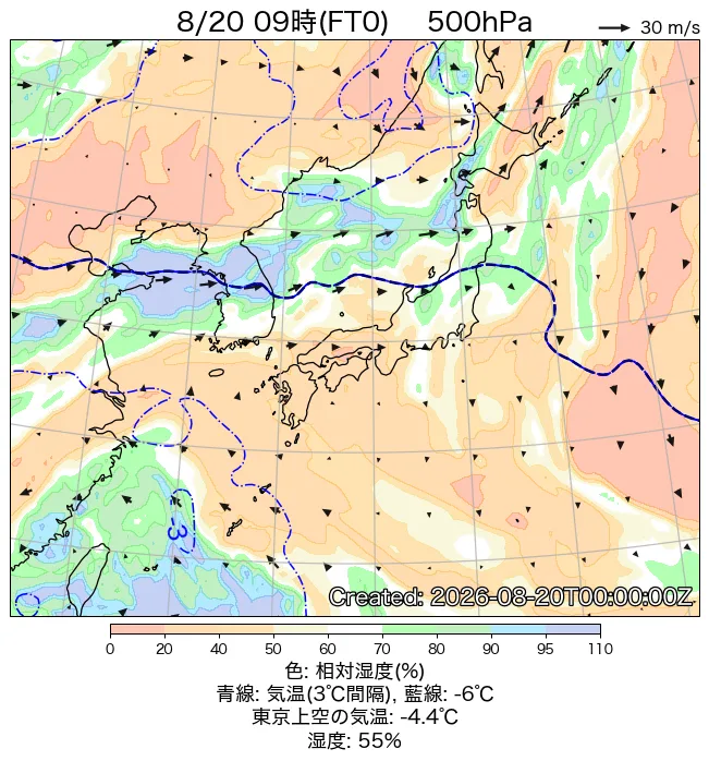 2026年8月20日の日本周辺の500hPa天気図（9時）