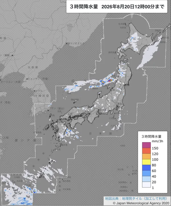 2026年8月20日9〜12時の日本周辺の3時間解析降水量