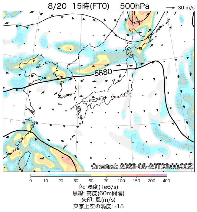 2026年8月20日の日本周辺の500hPa天気図（15時）