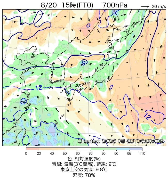 2026年8月20日の日本周辺の700hPa天気図（15時）