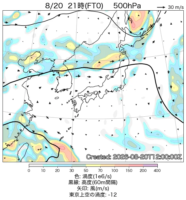2026年8月20日の日本周辺の500hPa天気図（21時）