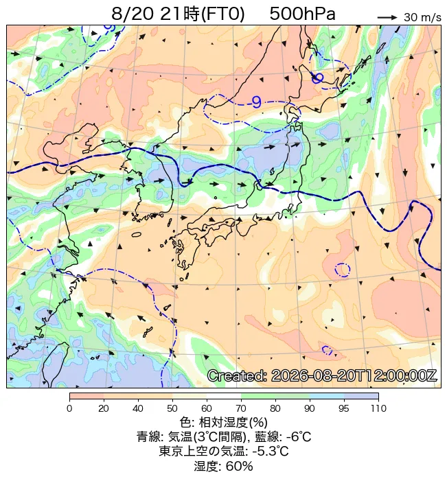 2026年8月20日の日本周辺の500hPa天気図（21時）