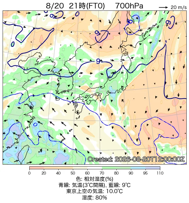2026年8月20日の日本周辺の700hPa天気図（21時）