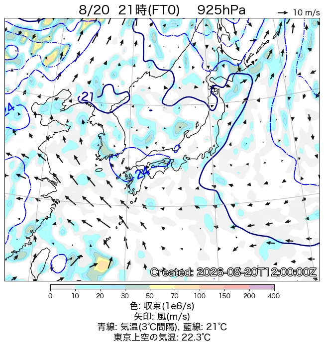 2026年8月20日の日本周辺の925hPa天気図（21時）