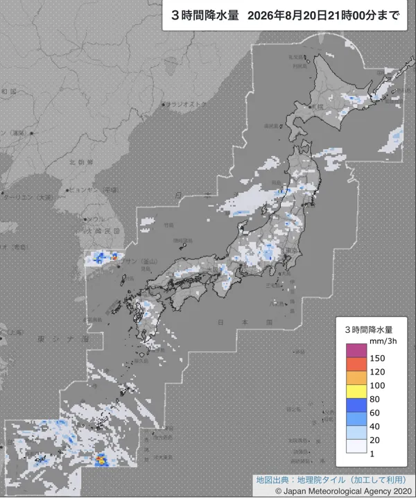2026年8月20日18〜21時の日本周辺の3時間解析降水量
