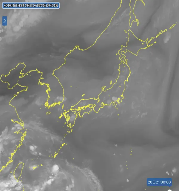 2026年8月20日21時の日本周辺の衛星水蒸気画像