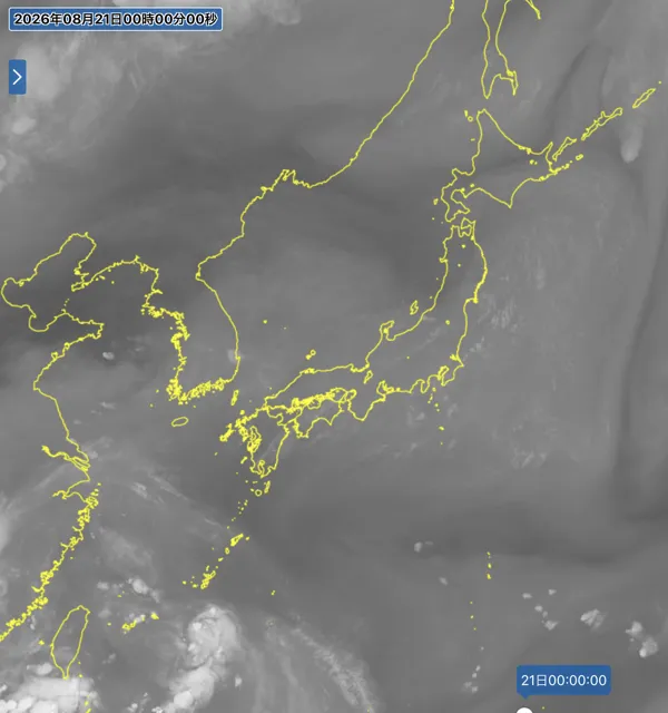 2026年8月20日24時の日本周辺の衛星水蒸気画像