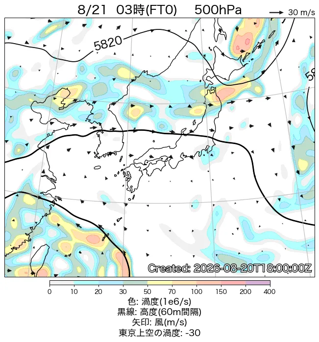 2026年8月21日の日本周辺の500hPa天気図（3時）