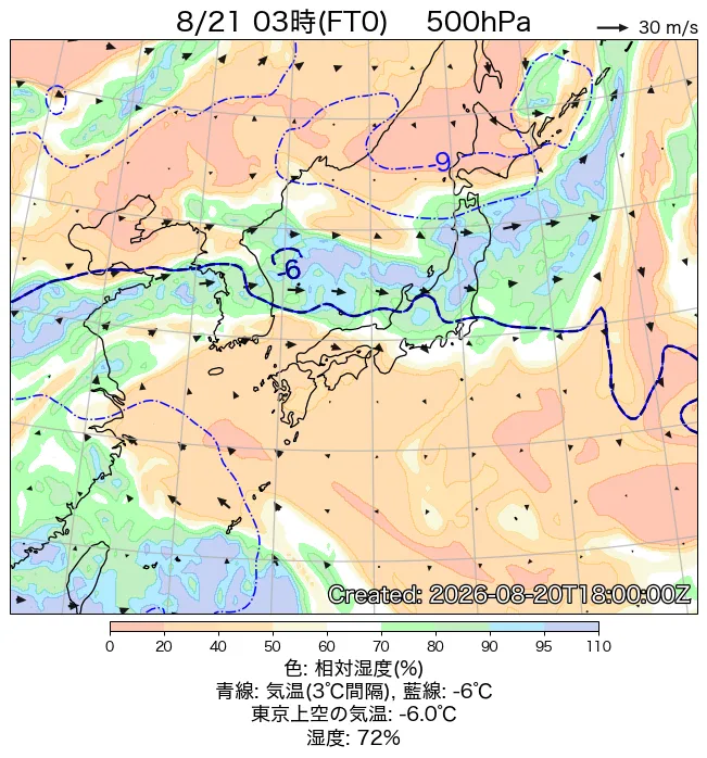2026年8月21日の日本周辺の500hPa天気図（3時）