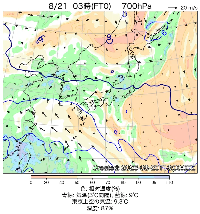 2026年8月21日の日本周辺の700hPa天気図（3時）