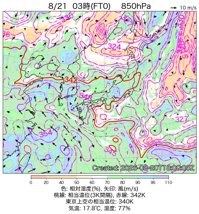 2026年8月21日の日本周辺の850hPa天気図（3時）