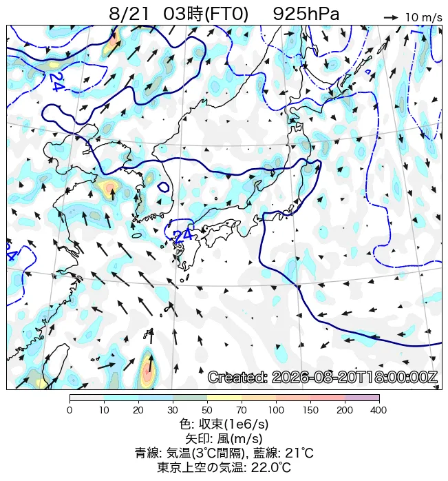 2026年8月21日の日本周辺の925hPa天気図（3時）