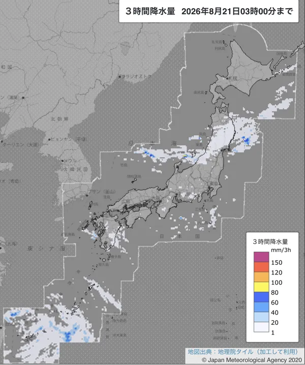 2026年8月21日0〜3時の日本周辺の3時間解析降水量