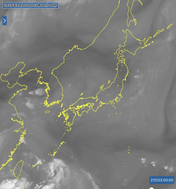 2026年8月21日3時の日本周辺の衛星水蒸気画像