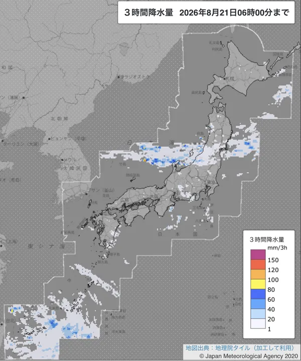 2026年8月21日3〜6時の日本周辺の3時間解析降水量